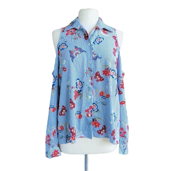 KARLIE Women’s Size M Blue Floral Striped Cold Shoulder Button Front Shirt - Picture 1 of 2